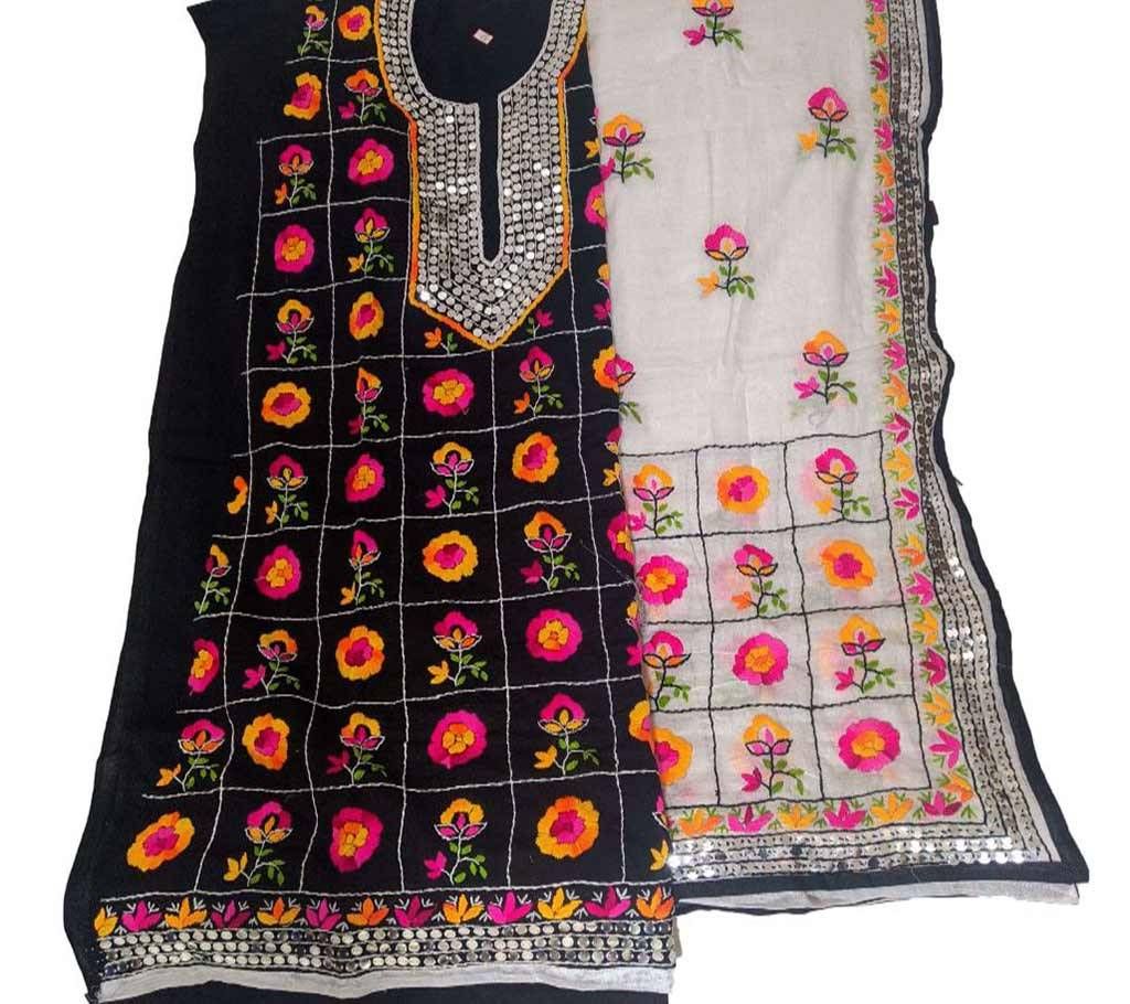 Unstitched Black And White Cotton Phulkari Handset Dollar Work-2 Piece 