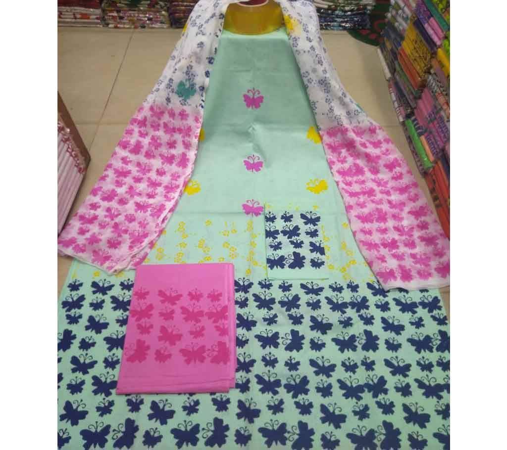 Block Printed Unstitched Cotton Three Piece - Off White 
