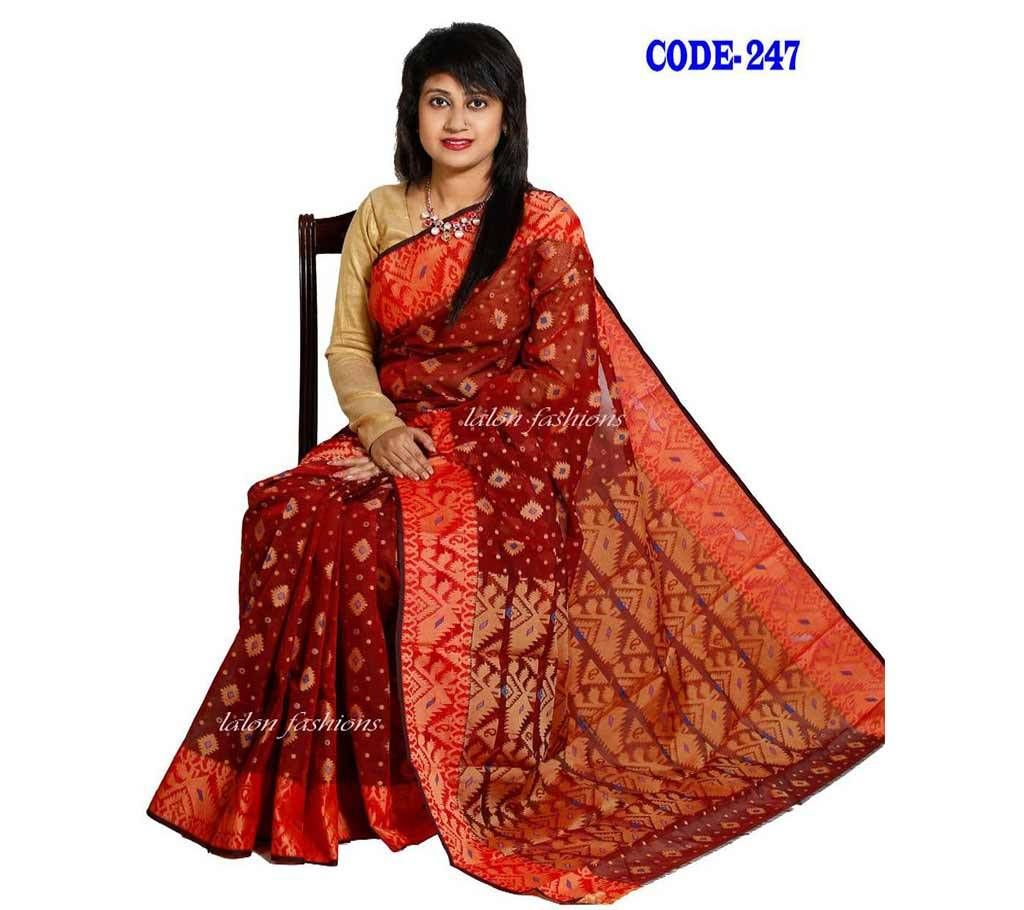 Red & Golden Jamdani Design Half Silk Sharee