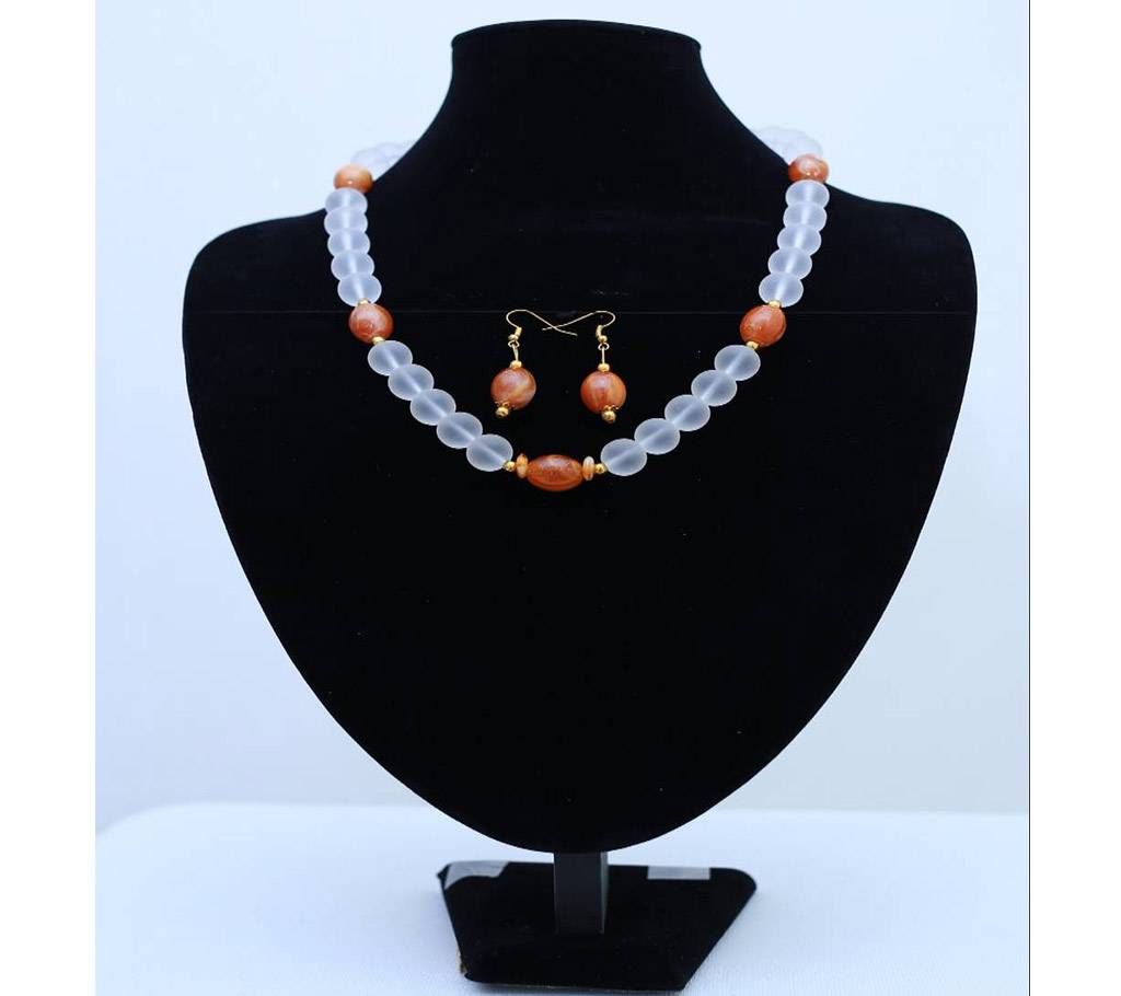 Matte Frosted Clear Beads &amp; Brown Stone with Earrings