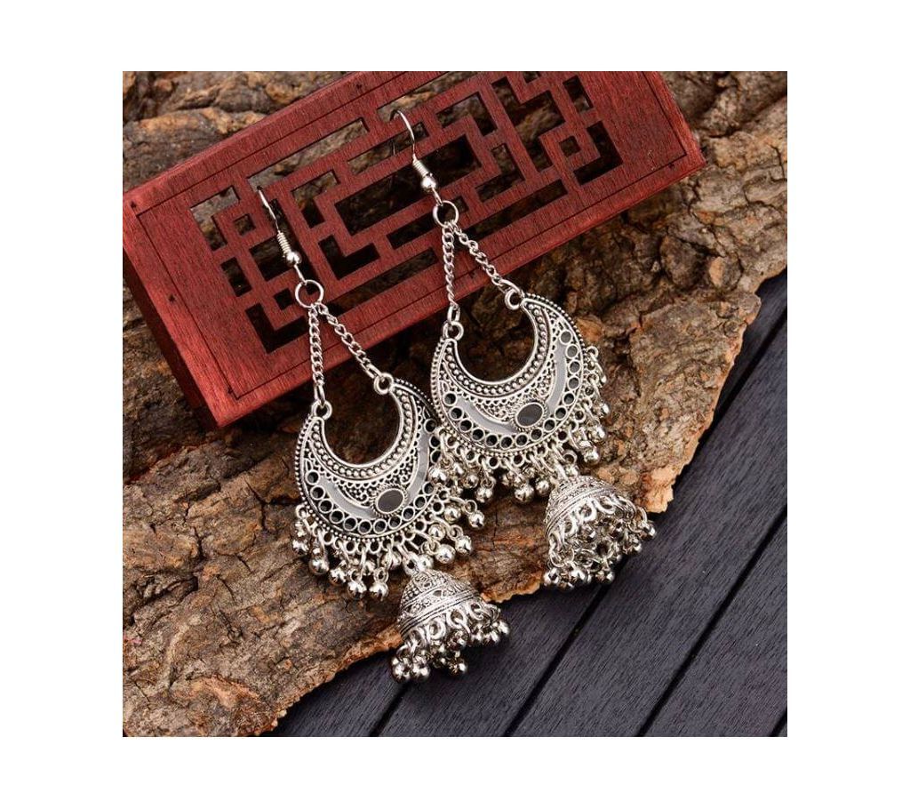 TopHanqi Gypsy Jewelry Indian Jhumka Long Small Bell Fringed Tassel Earrings Antique Ethnic Silver Alloy Drop Earrings For Women