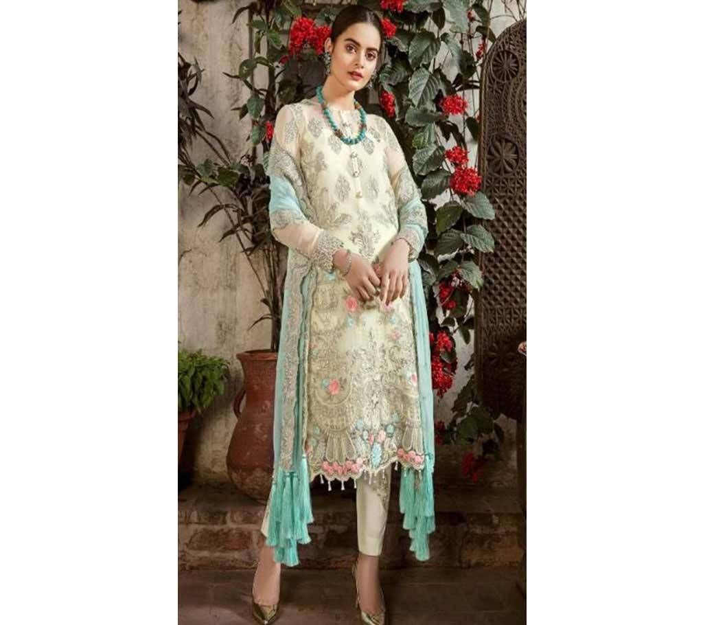 Fepic Rosemeen Carnival- Ash Cream Unstitched Net/Georgette Three piece