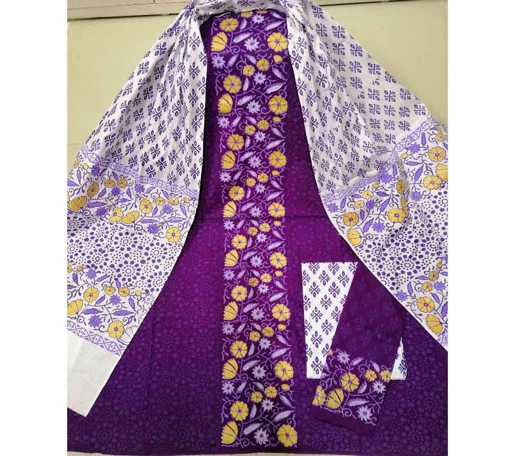 Unstitched Deshi Cotton 3Pcs with Cotton Orna - 46 - Dark Purple with Whole Body Flower Design