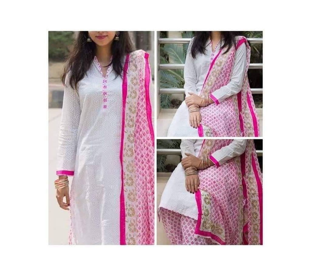 Unstitched White Cotton screen Printed Salwar Kameez for Women