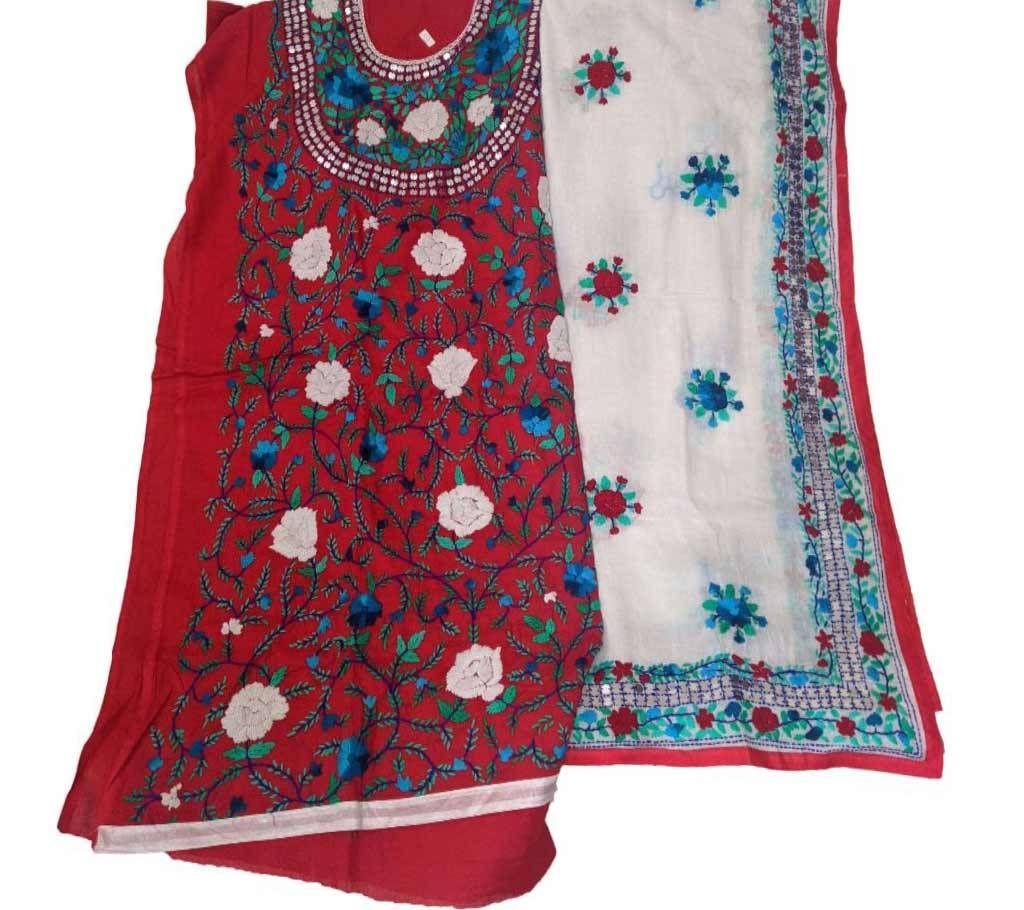 Unstitched Red Cotton Phulkari Handset Dollar Work-2 Piece