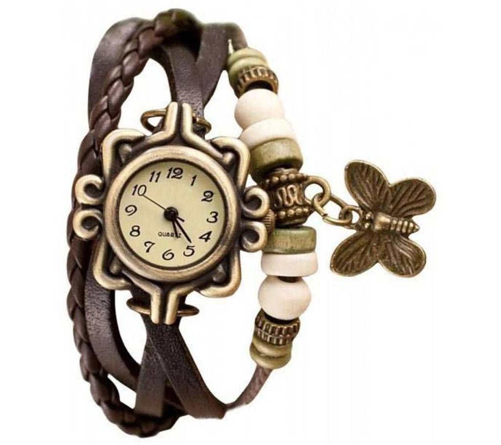 Black Leather Butterfly Vintage Watch for Women