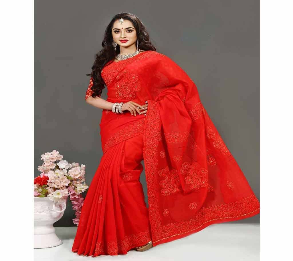 Pure Deshi Beautiful Sharee - 158 - Red Maroon with Golden Cotton Full Body Design (SU613)