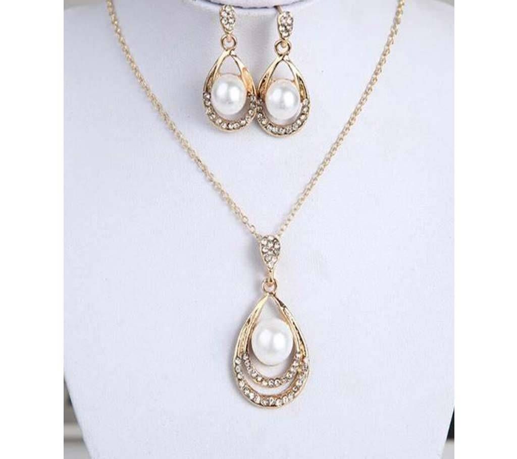 Crystal Drop Pearl Pendant Necklace Earring Jewelry Set
