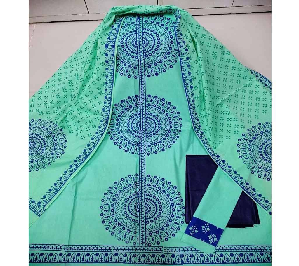 Unstitched Deshi Cotton 3Pcs with Cotton Orna - 44 - Aqua Green with Round Design