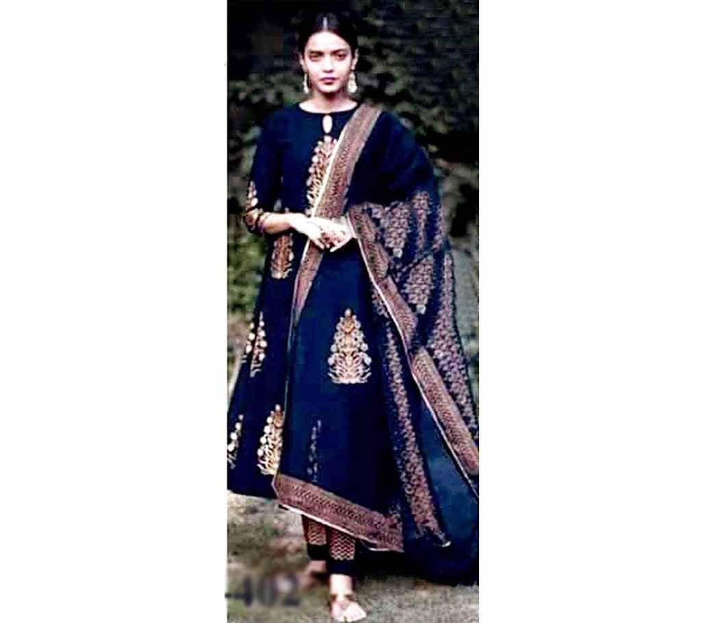 Screen and Block Print Unstitched Three Piece Shalwar Kameez For Women