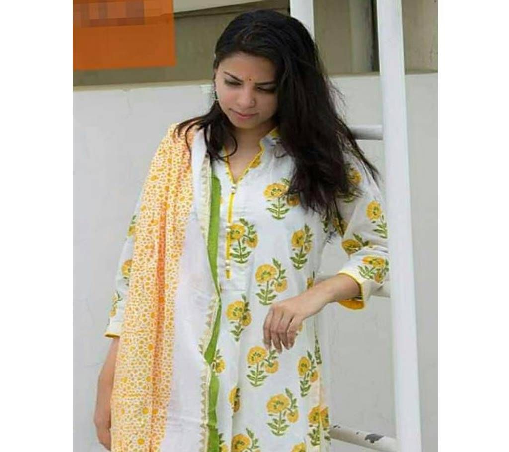Unstitched White And Light Gold Cotton screen Printed Salwar Kameez for Women