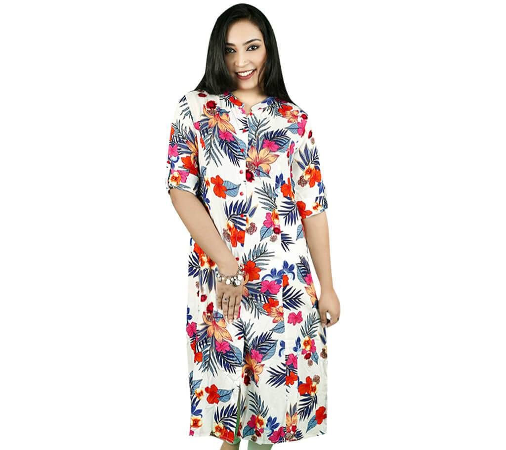 White Floral Print Long Kurti