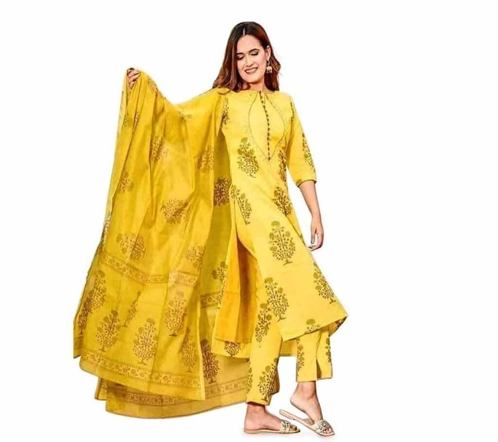 Unstitched screen and block print cotton salwar kameez for women