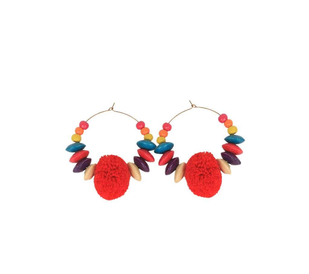 Red Pom Pom Earring With Wooden Beads
