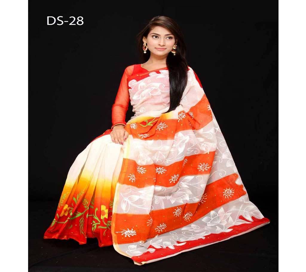 White & orange Cotton kota hand Printed Sharee