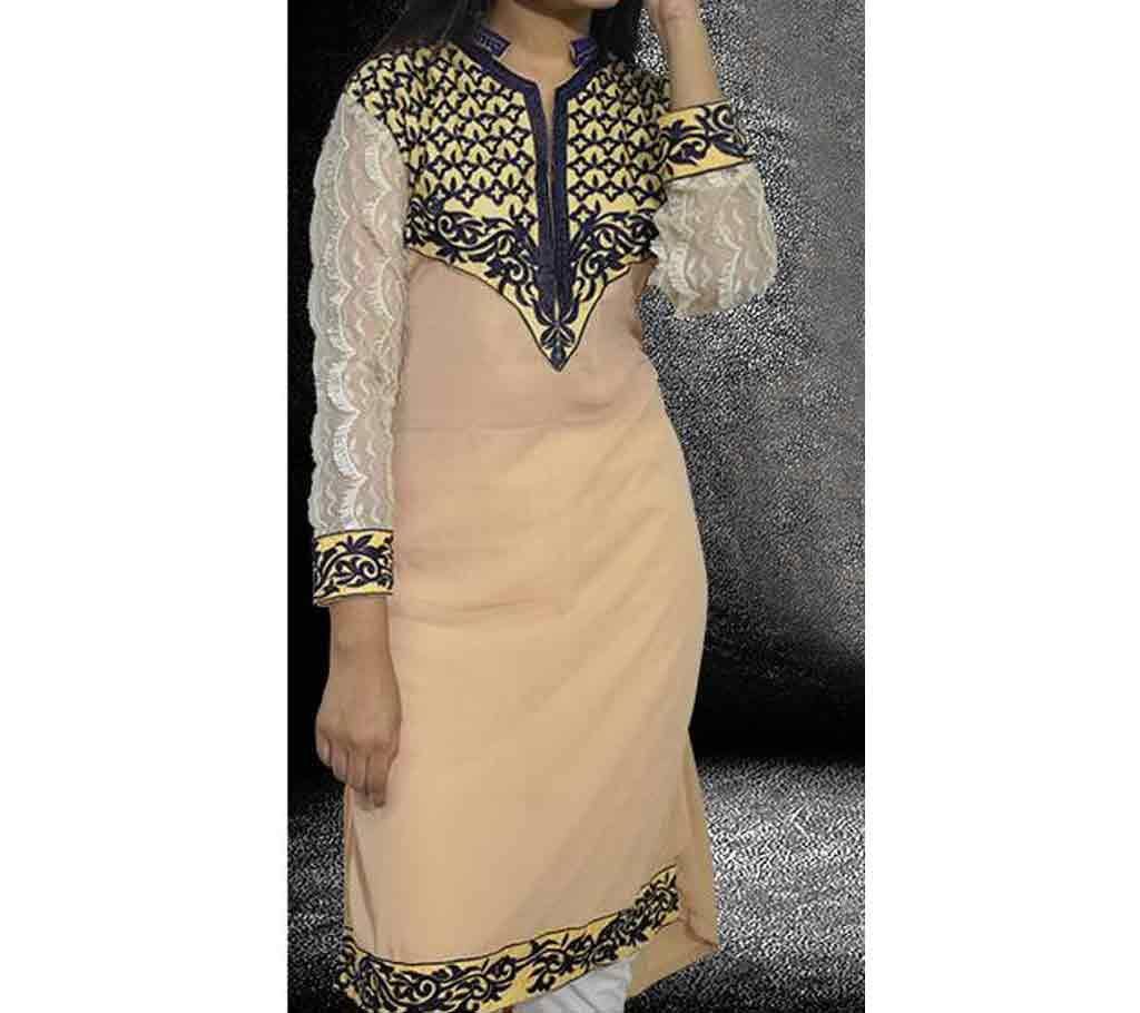 Cream & Blue Embroidery Stitched Kurti