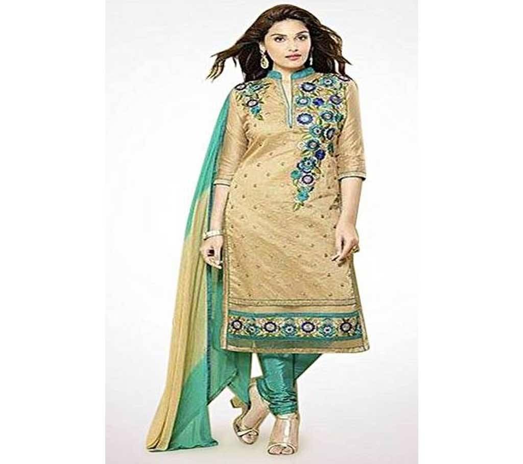 Unstitched Brown Cotton Block Printed Shalwar Kameez For Women