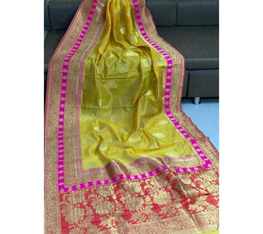 Banarasi Crystal Handloom Weaving Silk Saree Yellow Color Saree – Red and Pink Par – Red Anchal