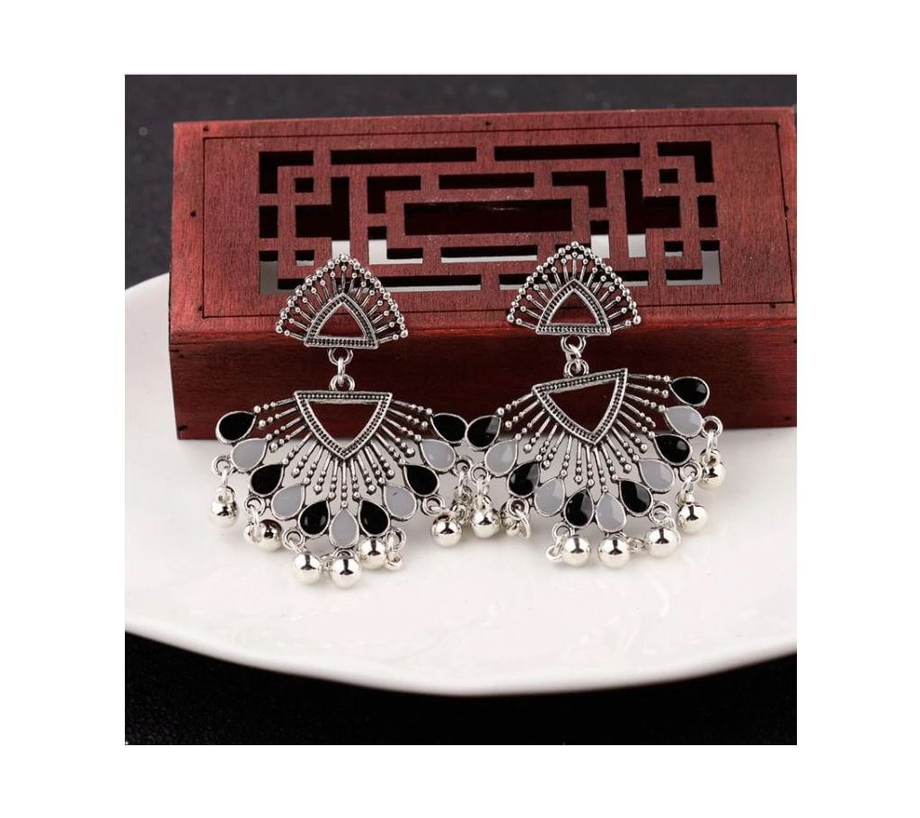 TopHanqi Bohemian Vintage Dangling Drop Earrings With Stone Bead Women Brincos Hollow Tibetan Silver Ethnic Retro Indian Jewelry