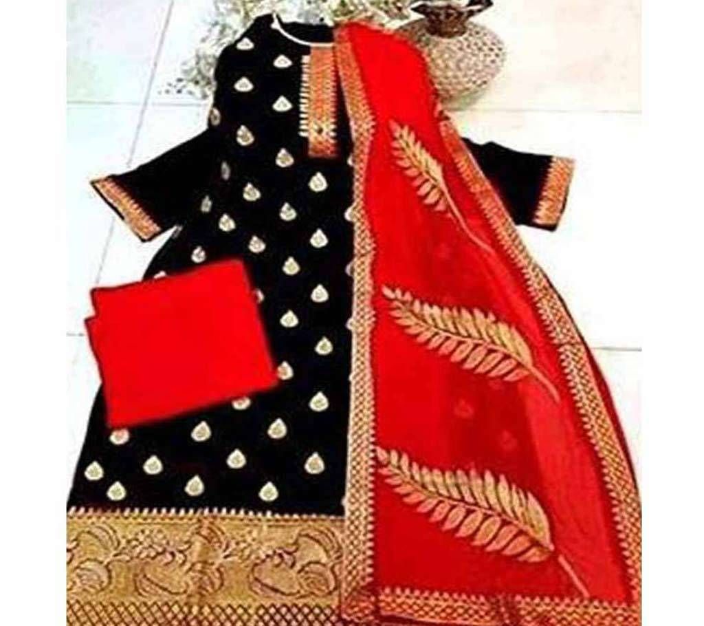 Unstitched Black and Red Cotton Salwar Kameez for Women