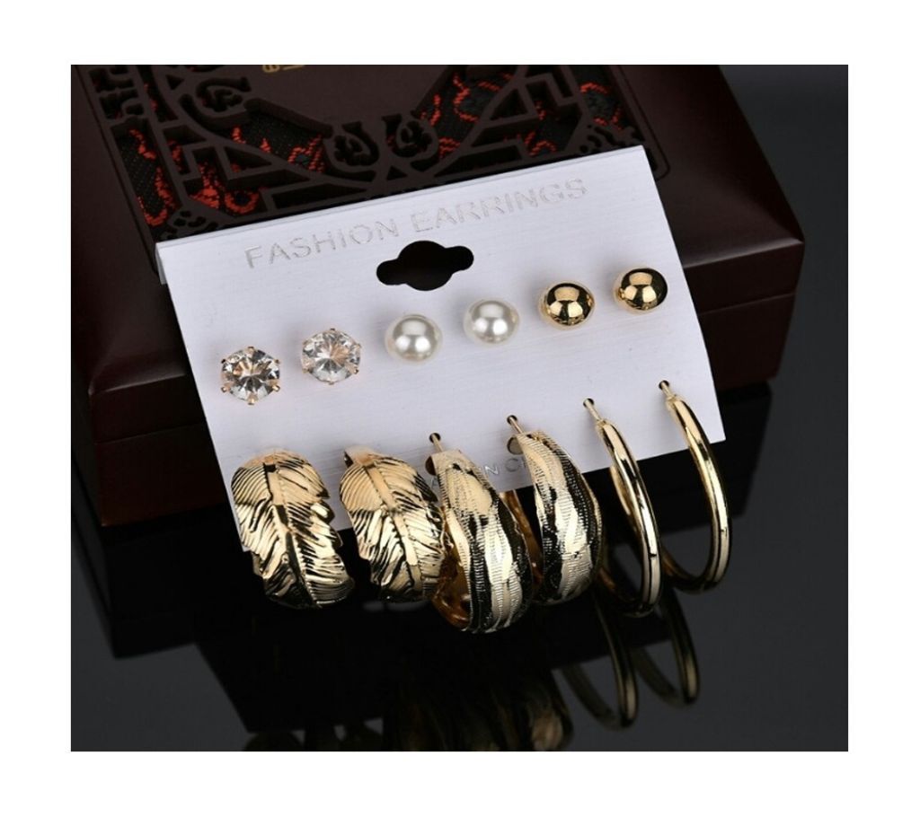 Rhinestone Set Big Circle Leaf Earring For Women-6 Pairs