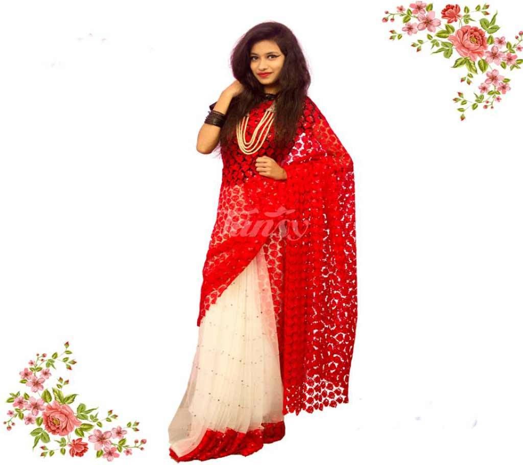 Red And White Net Sharee