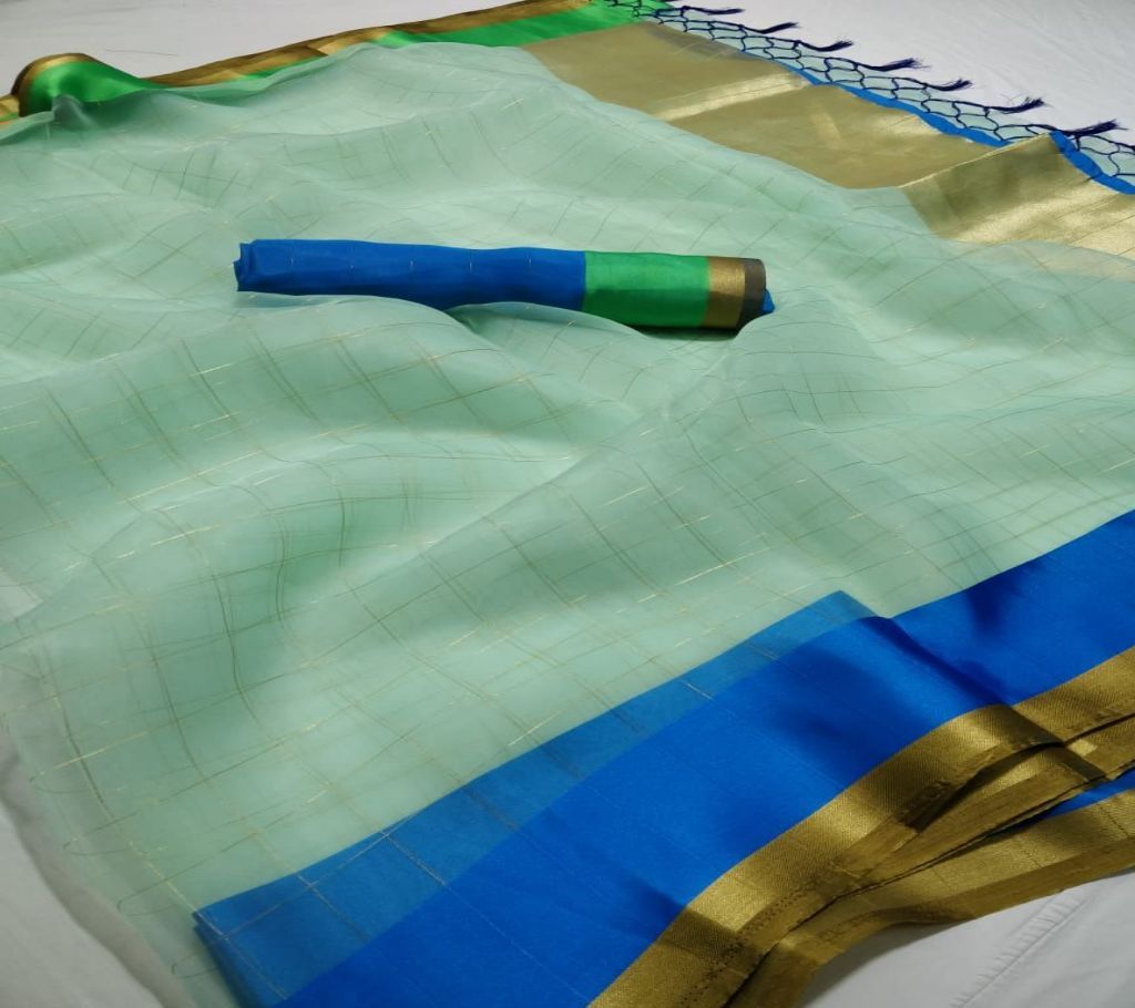ORGANZA CHEX Saree wiith Blouse Piece-  Baby Blue with Blue & Golden Color Paar