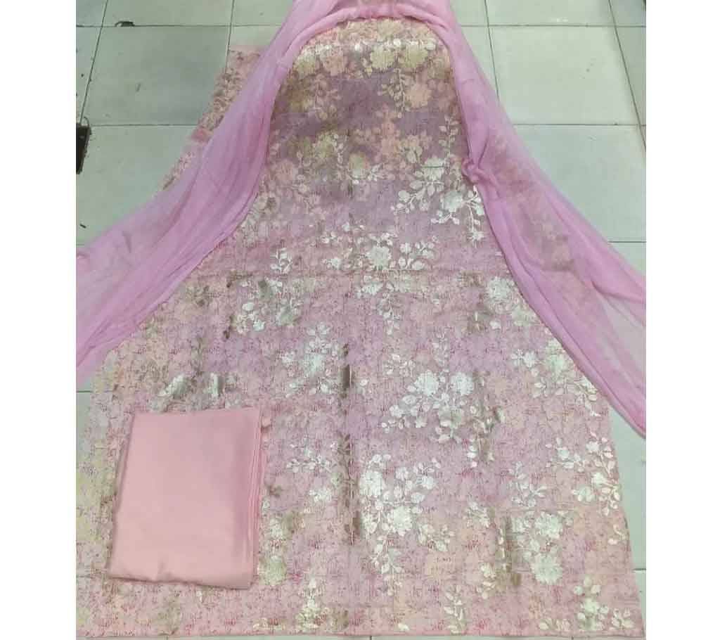 Unstitched Indian Tossor Silk 3Pcs - 01 - Rose Pink with Golden Flower Design in Body