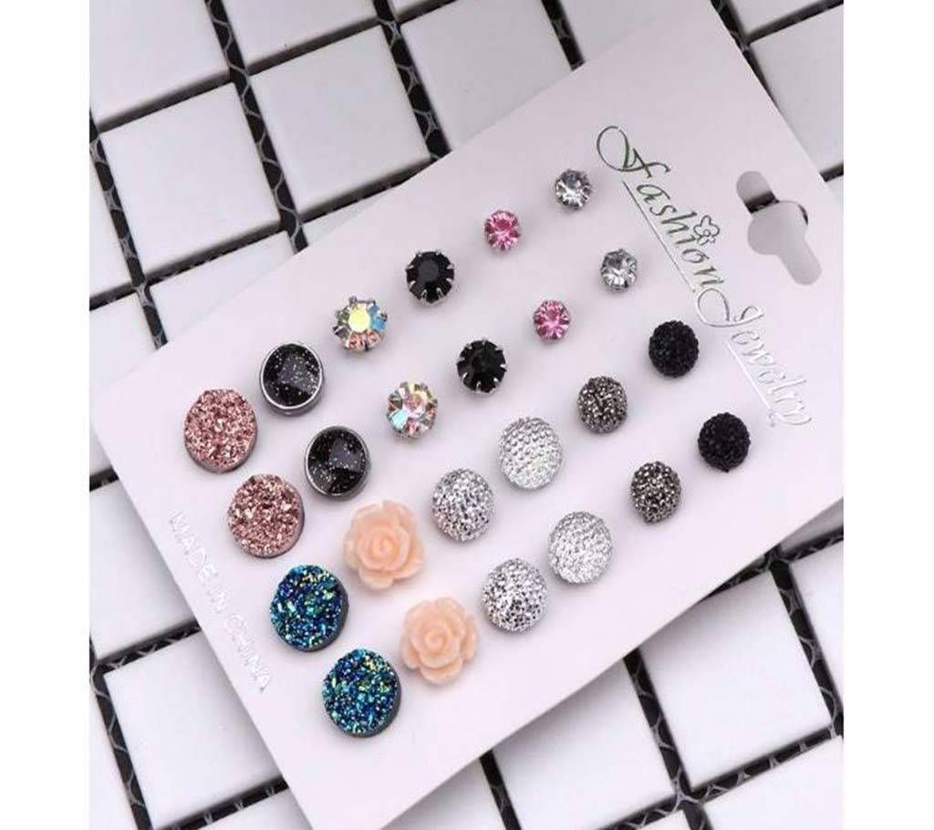 12 Pairs Assorted Crystals Druzy Stone Stud Earrings Set Women