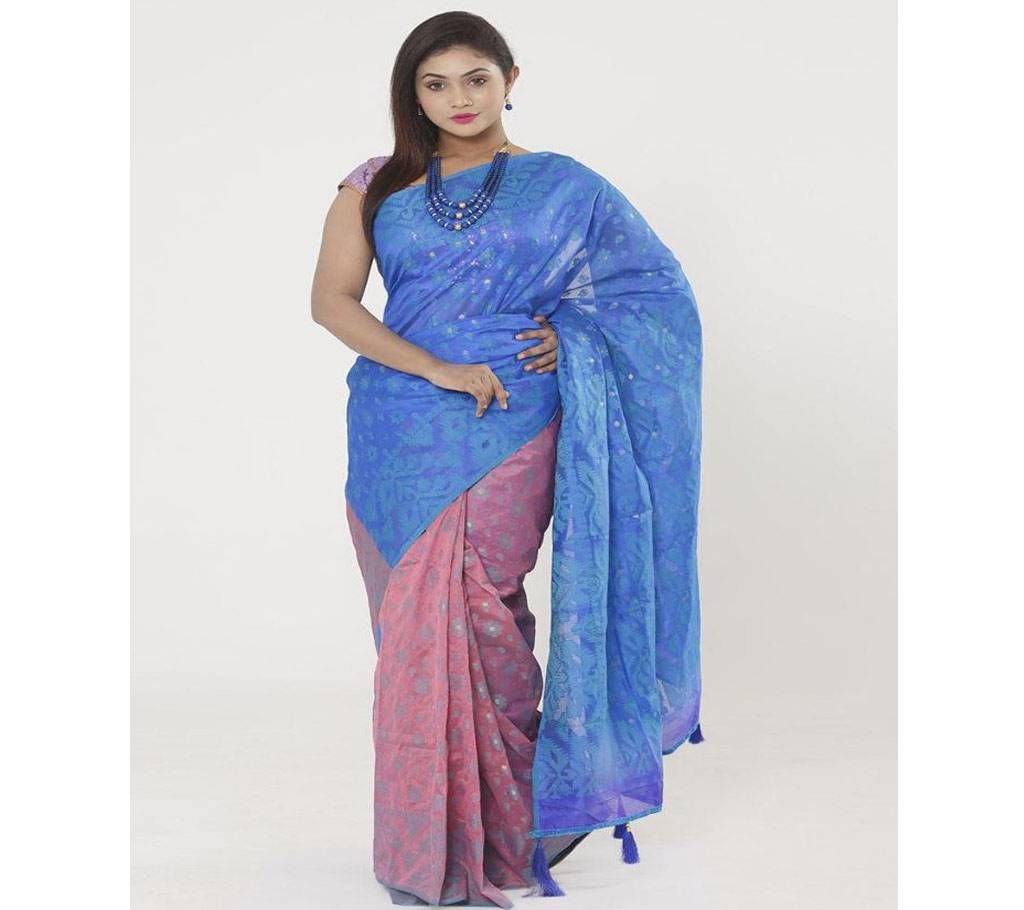 Pink & Purple Colour Matching Tangail Half Silk Jamdani Saree