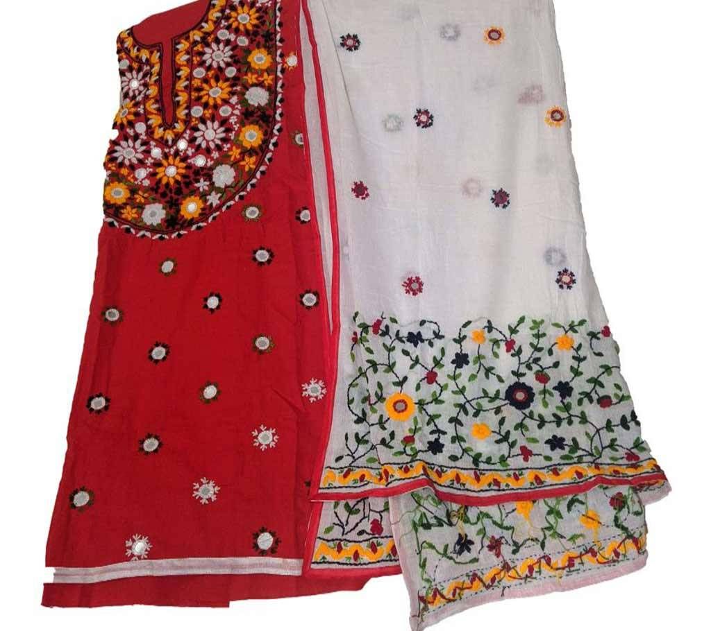 Unstitched Red And White Cotton phulkari Handset Dollar Work-2 Piece