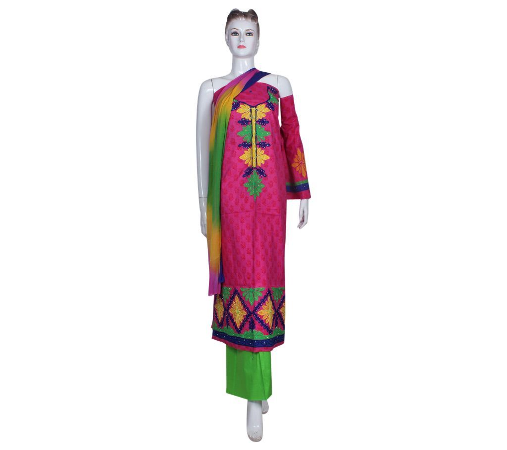 Unstitched block printed cotton embroidery three pc