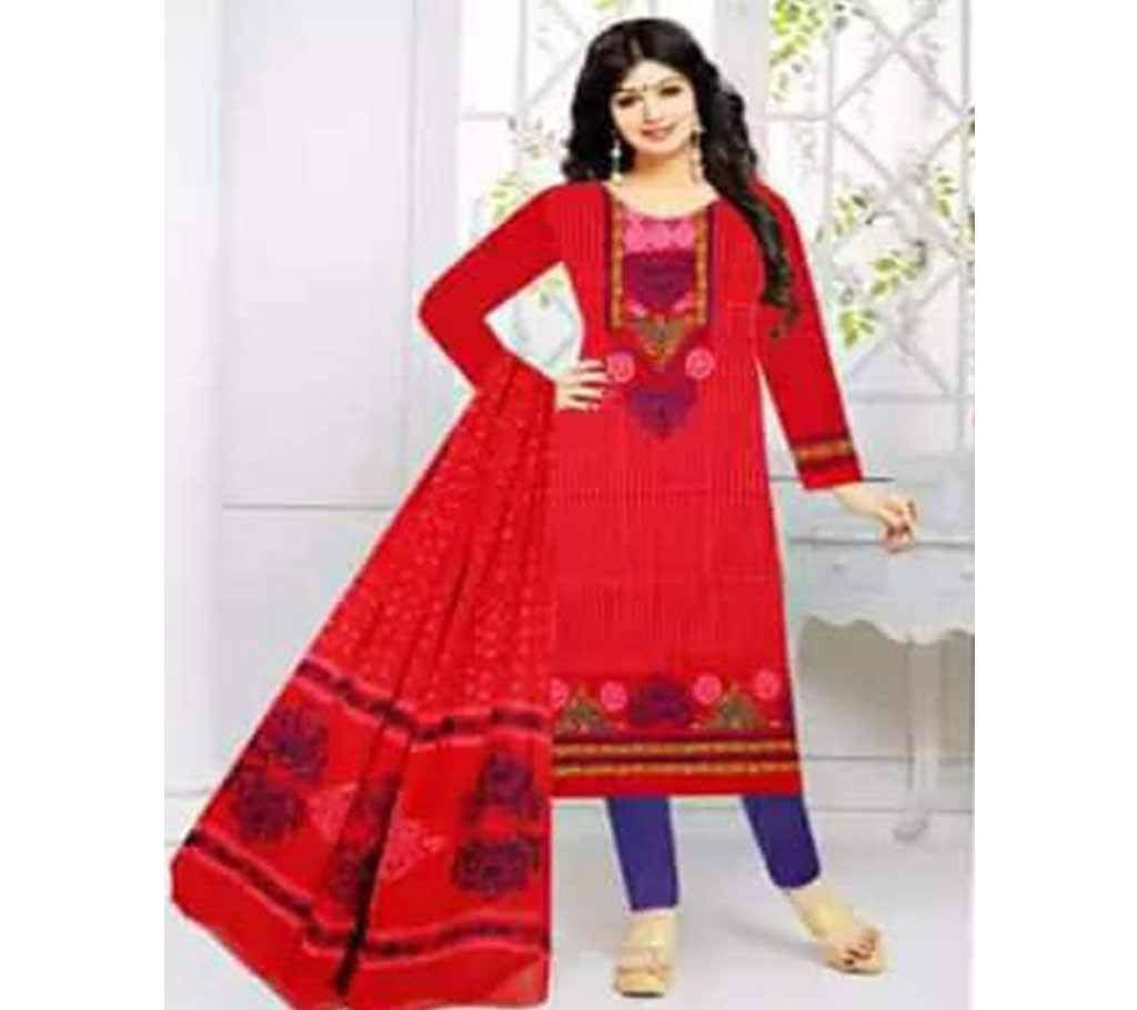 Unstitched Red Cotton Block Printed salwar kameez 