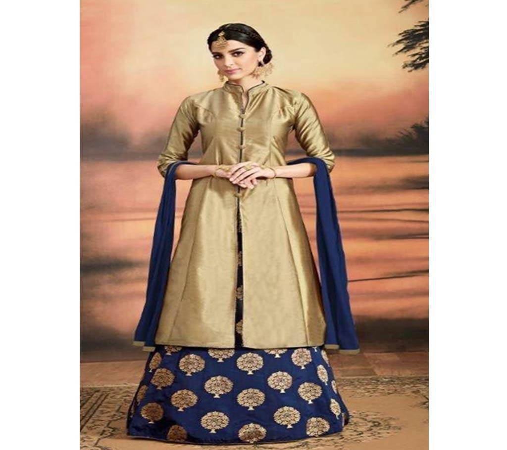 golden and navy blue un-stitched Scart model Lehenga suit