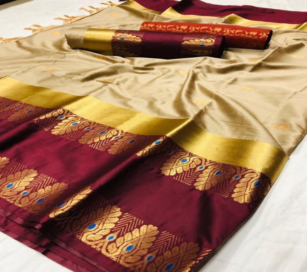 Cotton Silk Saree with Embroidery Design Color Cream with Maroon Golden Paar