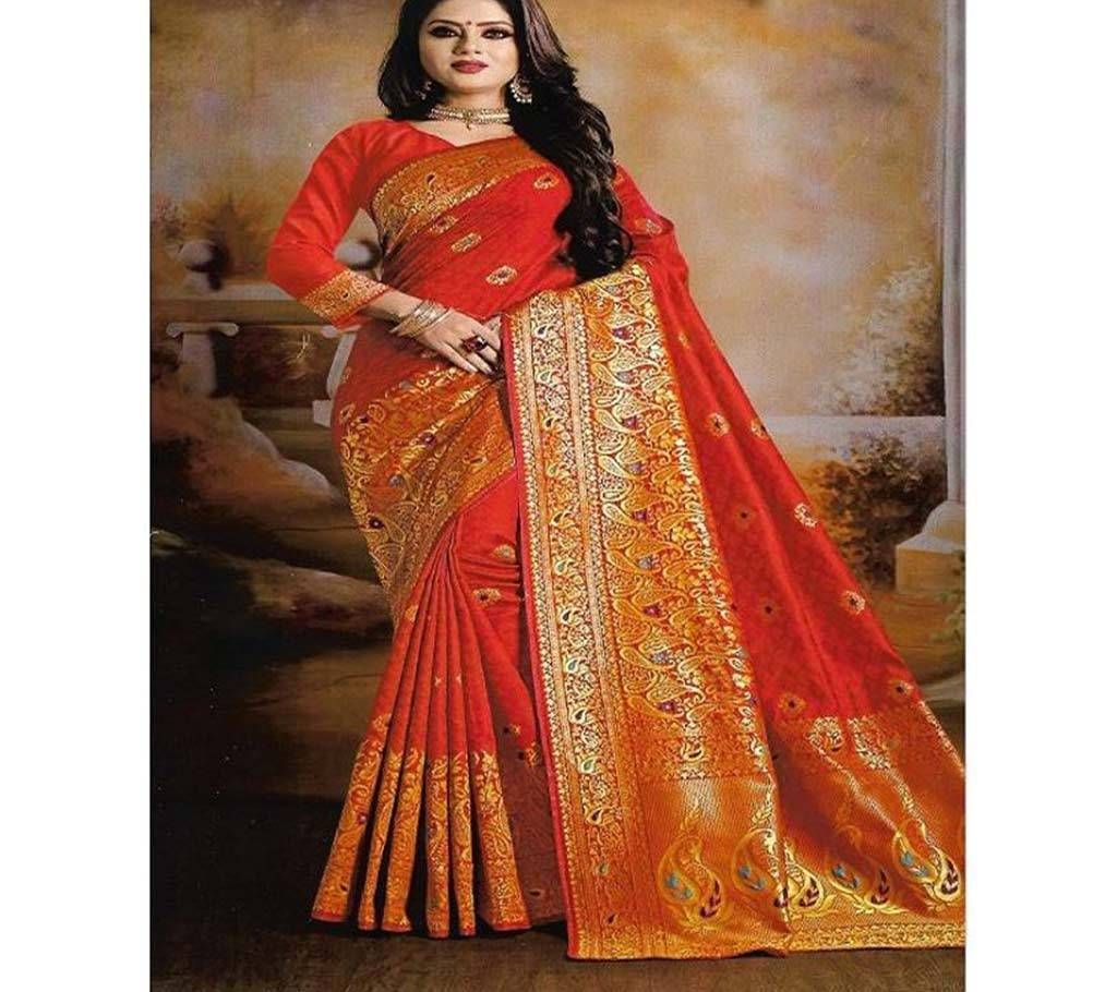 Indian Embroidery Work Silk Katan Saree  Red Orange with Golden Mix Paar and Anchol  4