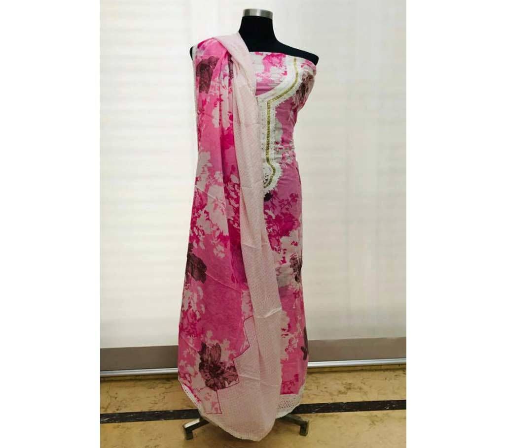Eshani pink with pink and cream mix Dupatta cotton Three Piece 