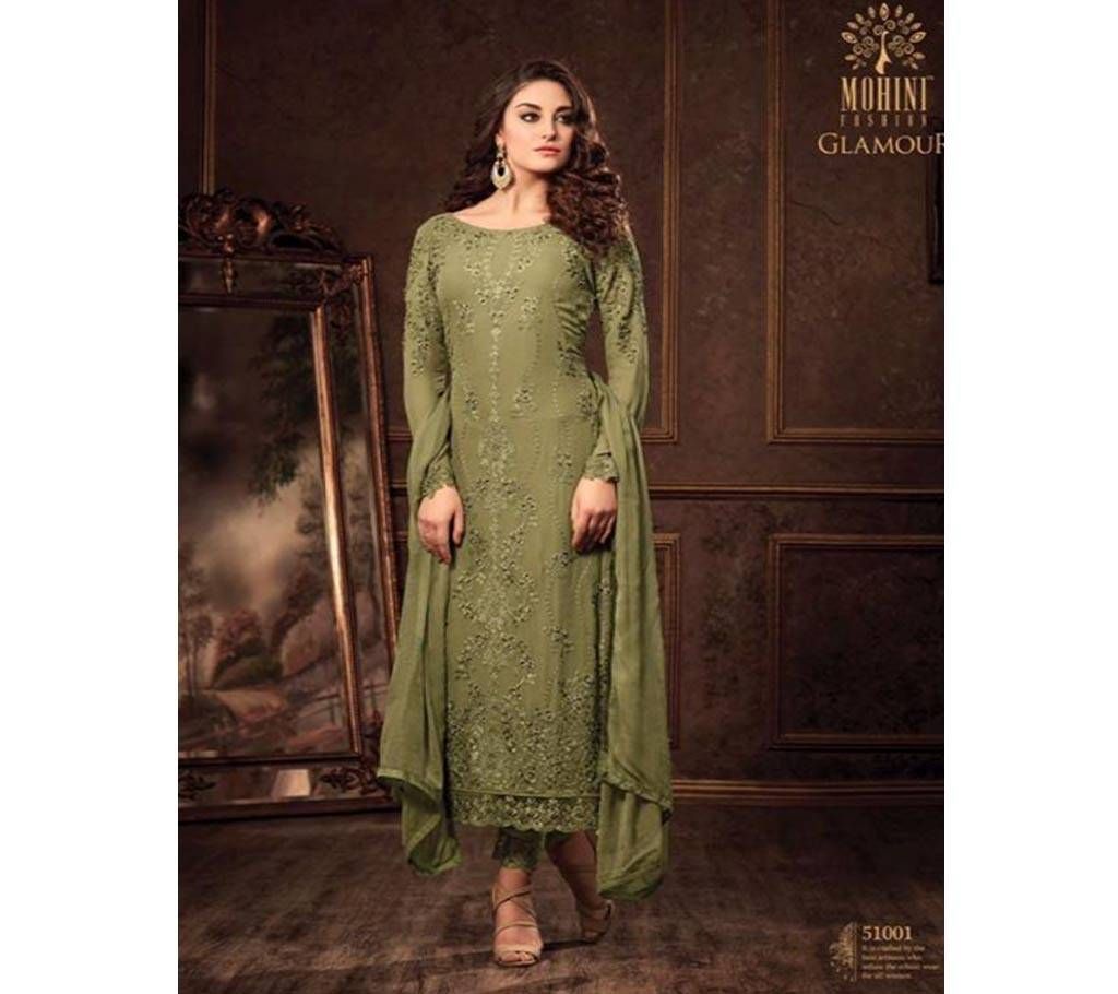 Unstitched Bottle Green Georgette Three Piece for woman