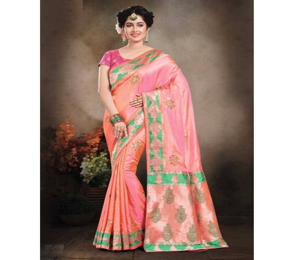 Light Pink and Green Embroidery Work Katan Saree For Women