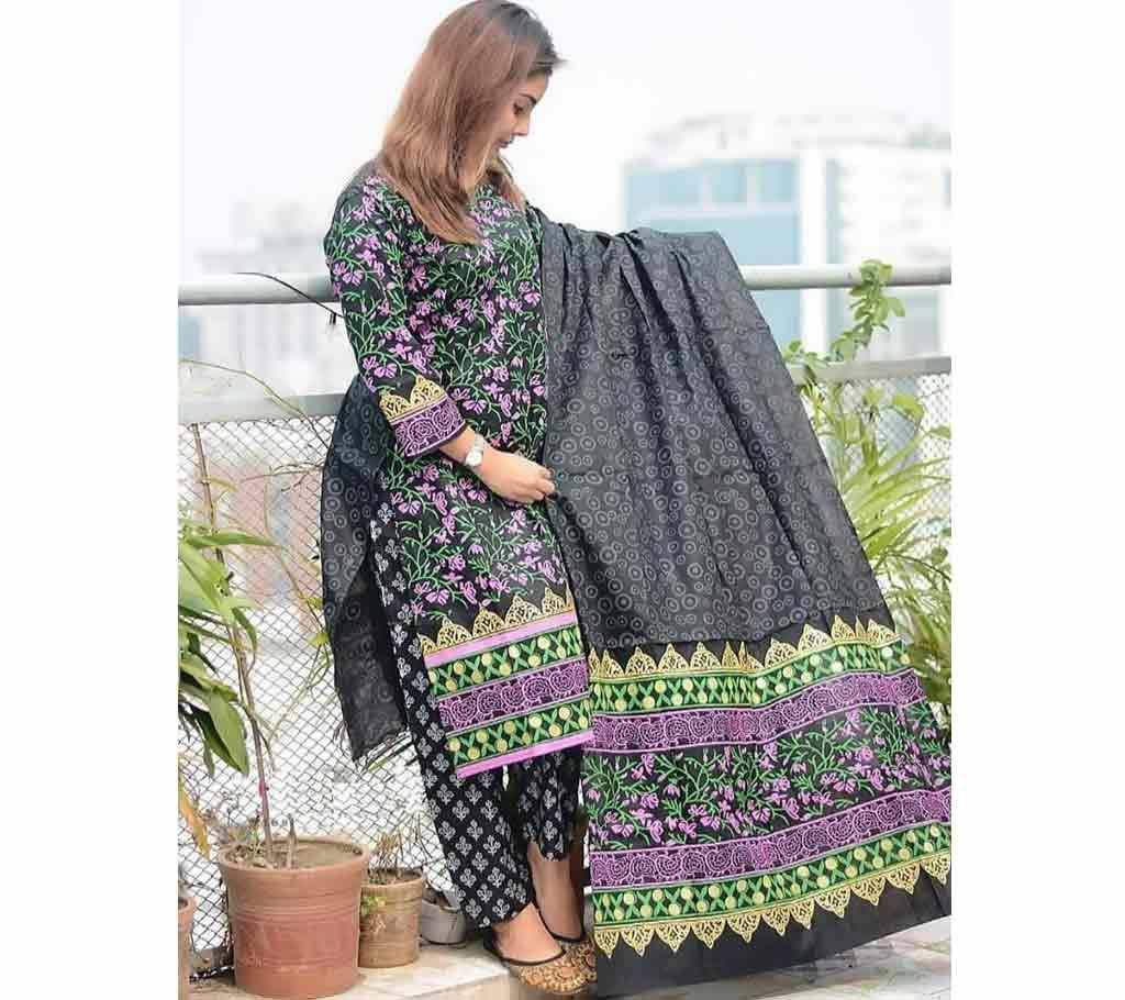 3pcs Salwar Kameez-Block Printed-Cotton-Unstitched-Black