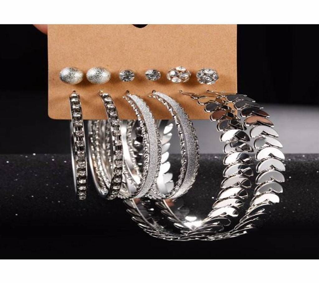 6 Pairs/lot Silver Color Big Round Circle Hoop Earrings Set for Women