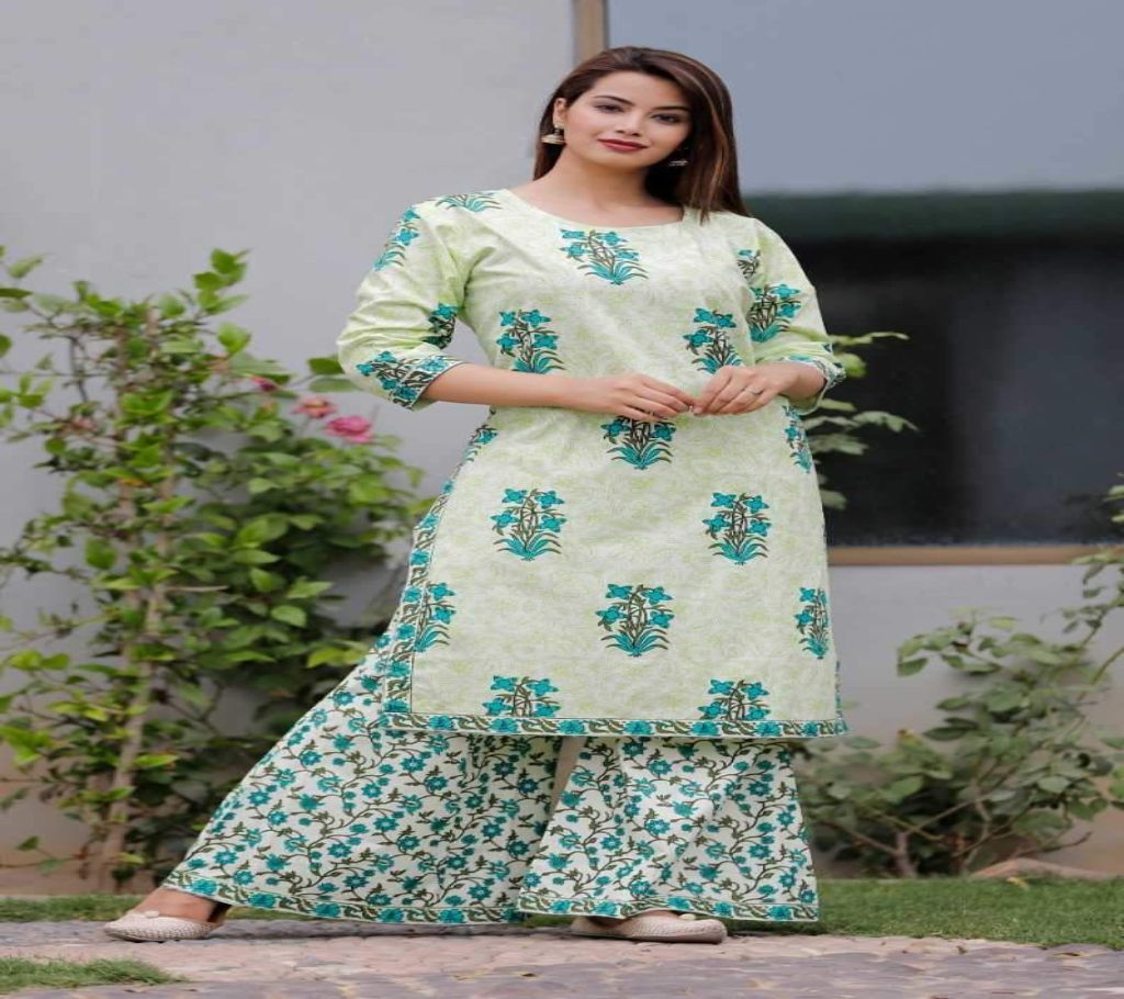 Latest white and Paste Block Printed 2 Piece Salwar Kameez for Women-free size