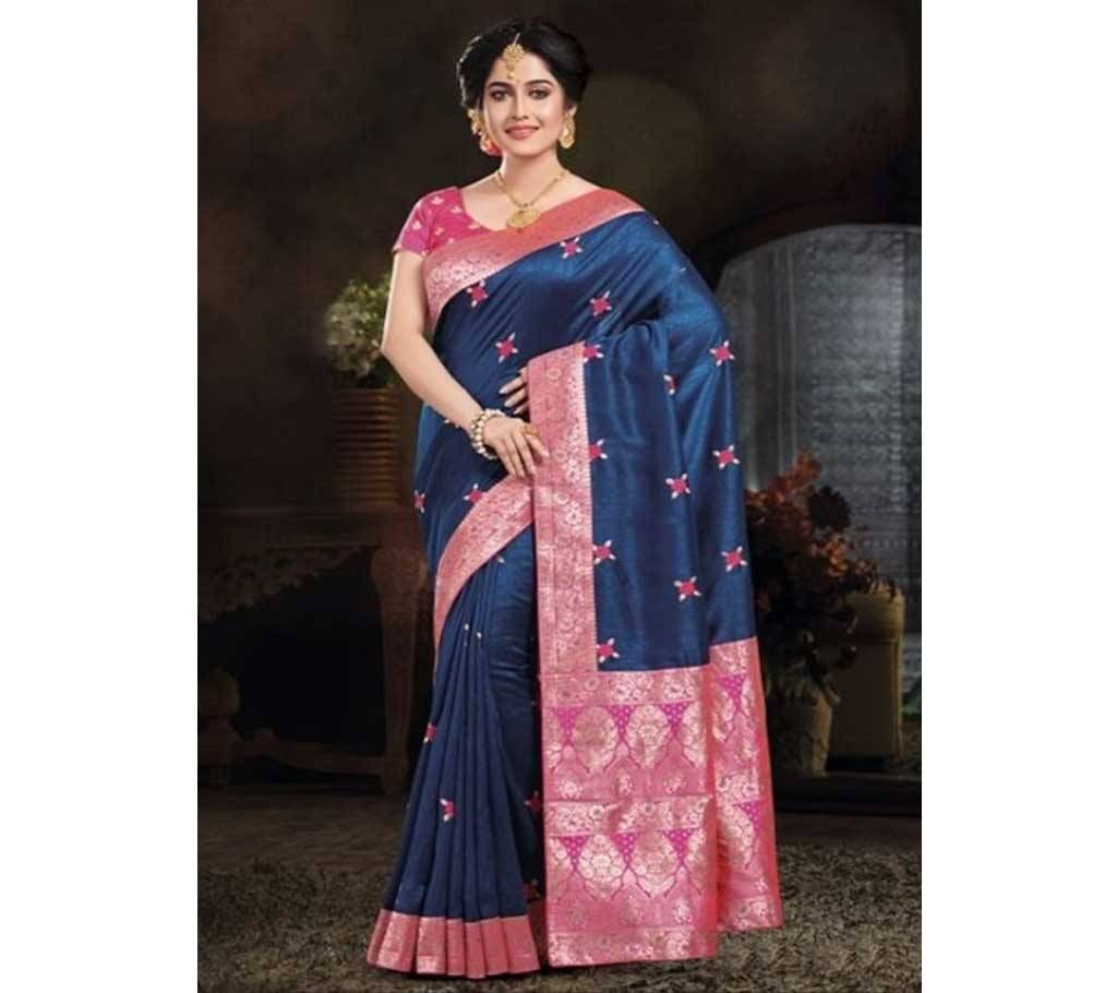Blue and Pink Embroidery Work Katan Saree For Women
