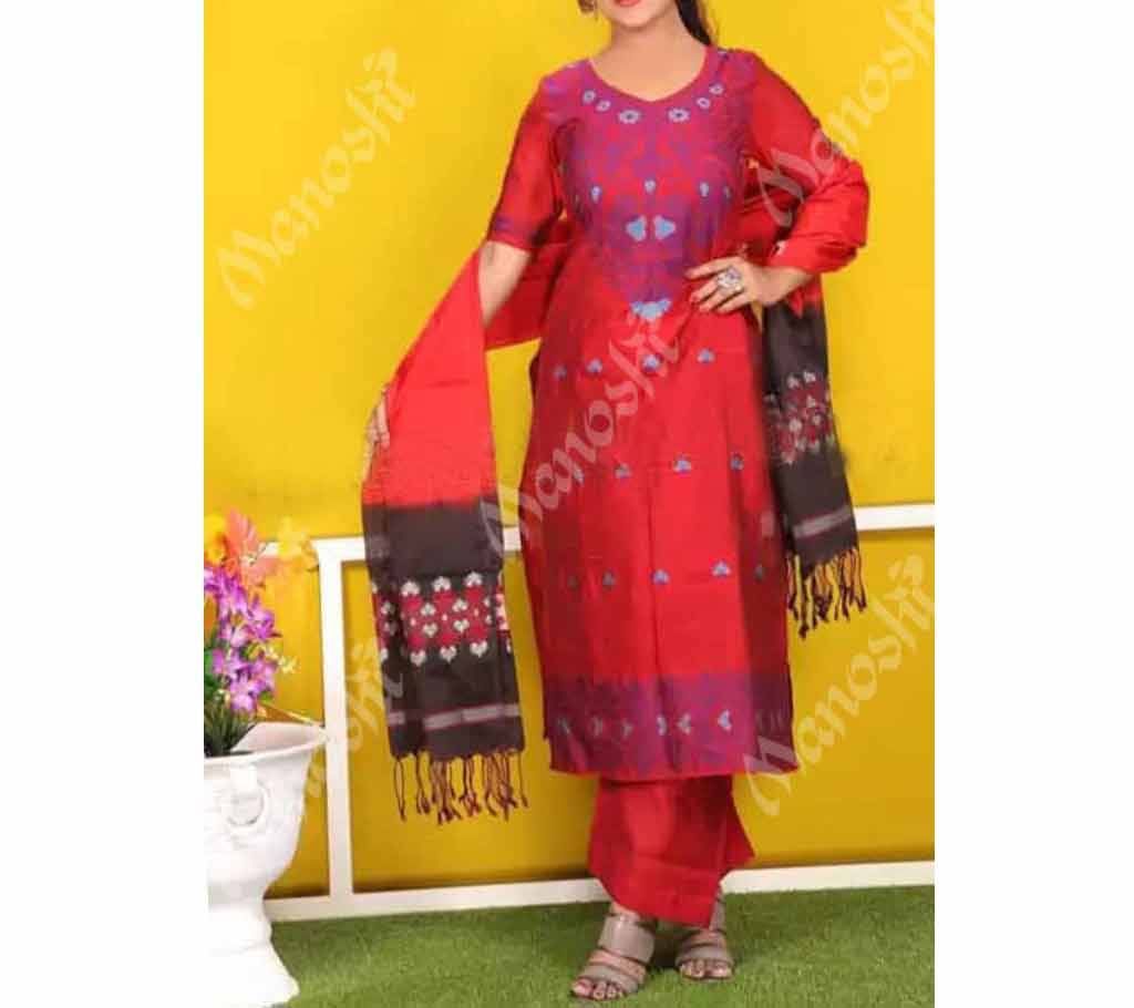 Unstitched Block Printed Three Piece Red