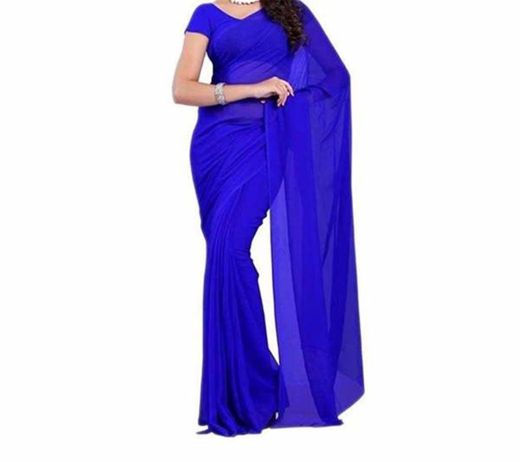 Plain Blue Chiffon Georgette Saree