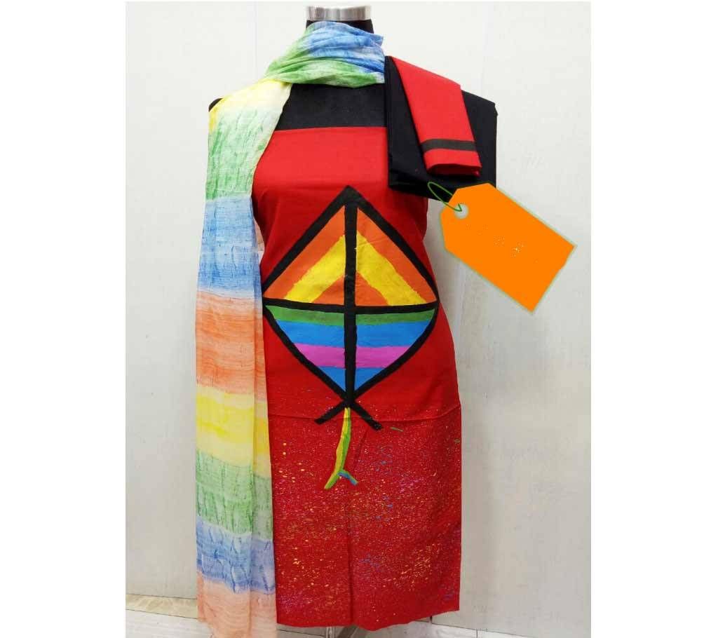 Unstitched Block and Screen  Print Cotton Three Piece