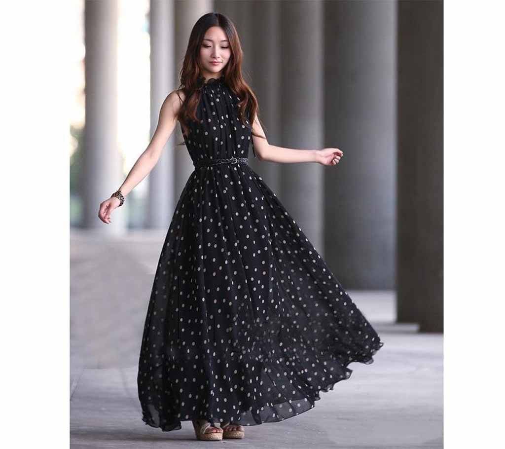 Black Polka Dots Chiffon Women Long Party Dress