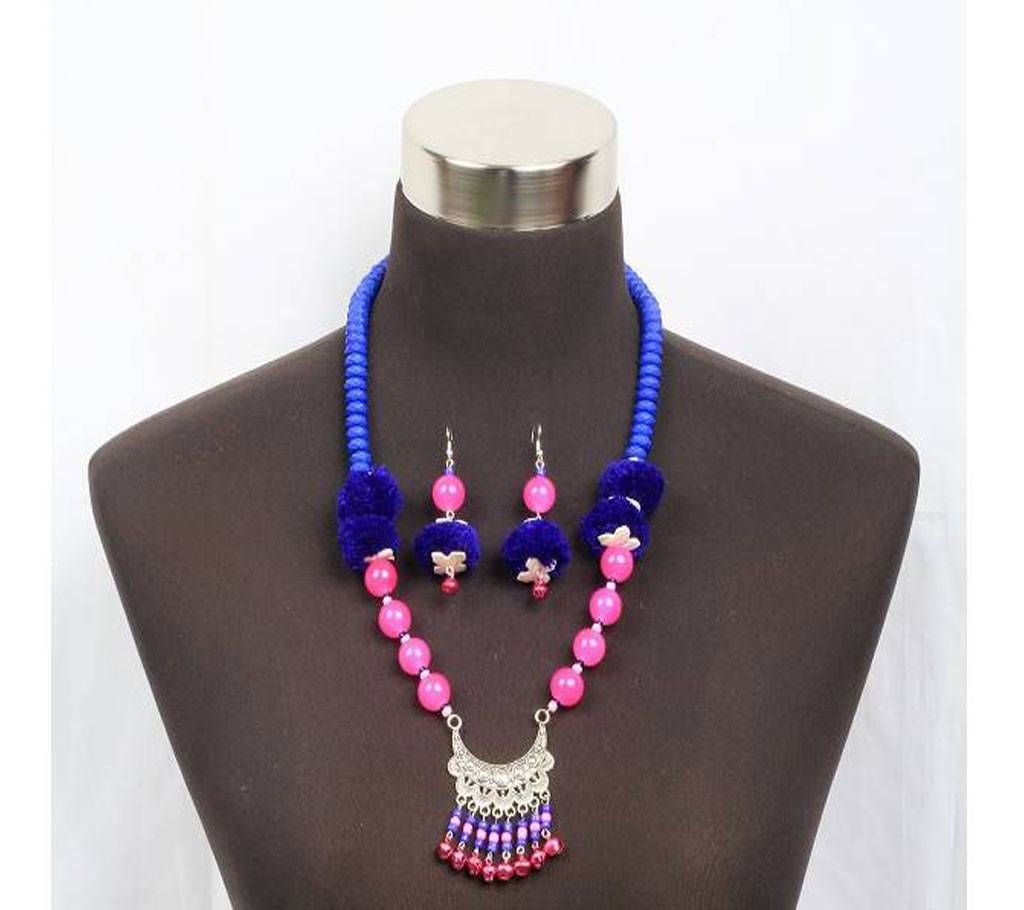 Pink Plain Marble Stone Necklace with Pompom Earrings