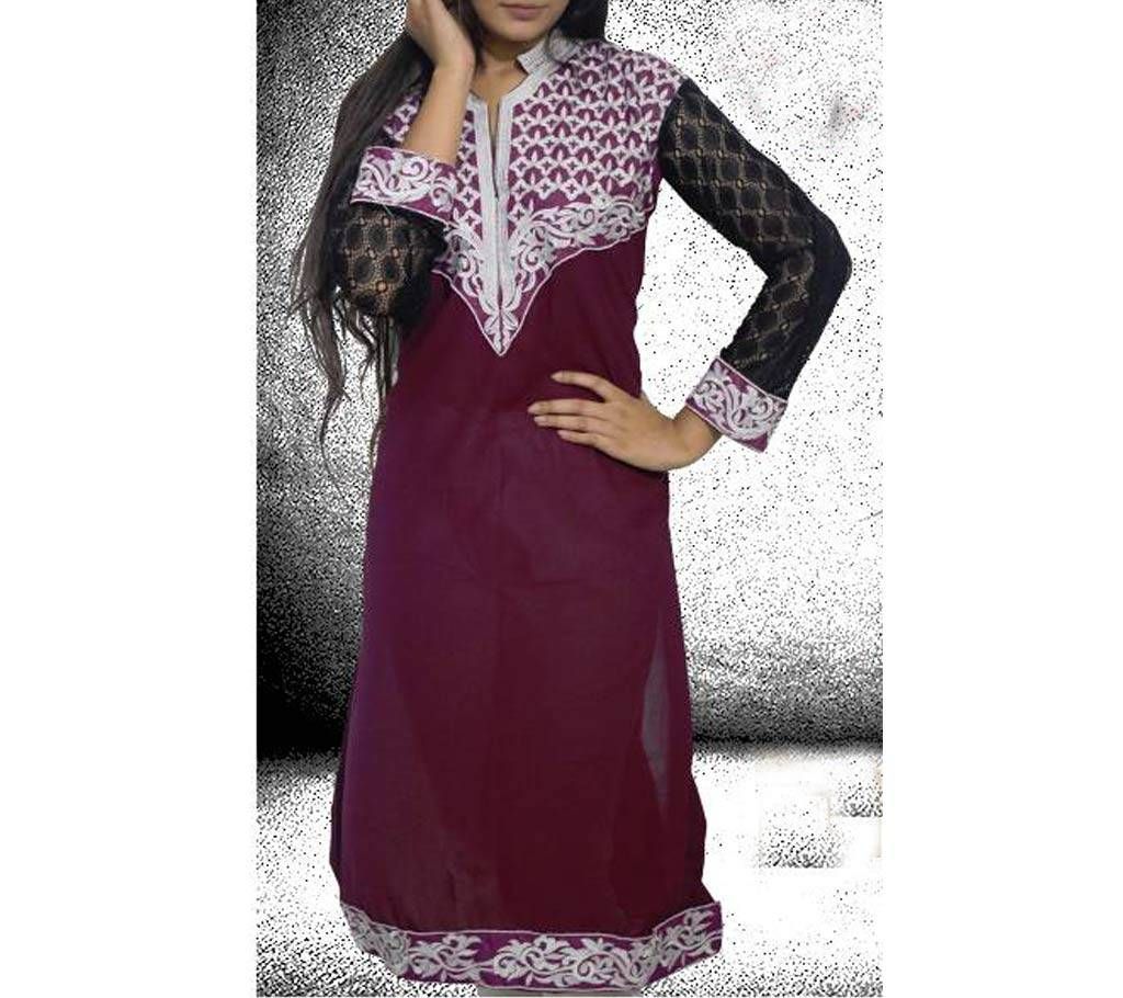 Maron & Black Embroidery Stitched Kurti
