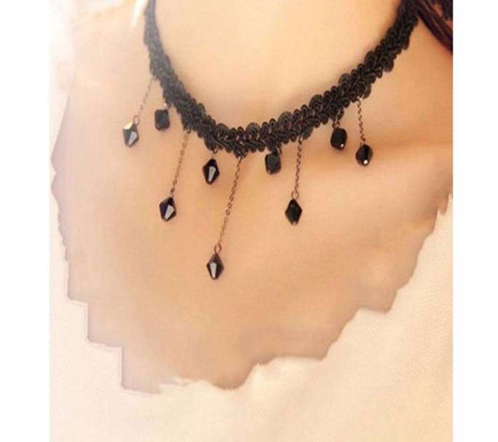 Women Black Beads Tassel Pendant Choker Necklace